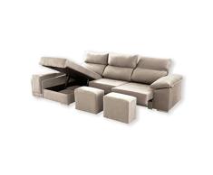 SHIITO - Sofá con 3 Plazas y Chaise Longue Izquierda - 95 x 90/160 x 250 cm - Modelo Kenia - Arcón Interior - Asientos y Cabezales Reclinables - Crudo