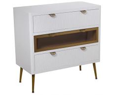 DRW Comoda con 3 cajones de Madera 1 de Cristal de Madera en Blanco y Dorado 80x40x80cm, alt.Patas 20,5cm