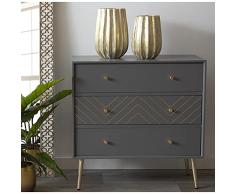 Cómoda con 3 Cajones de Madera: DM + Pino y Metal en Gris y Dorado 80x38x79cm, Alt. Patas 20cm