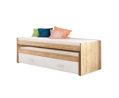 SHIITO - Cama Compacta - 98 x 198,4 x 72 cm - Modelo Champion - Cama Nido Individual - 2 Cajones - Diseño Juvenil - Roble Cambria y Blanco