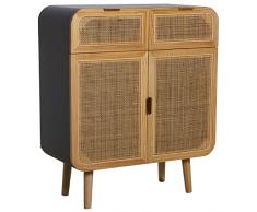 DRW Mesa de Entrada con 2 cajones y 2 Puertas de Metal, Madera DM y Mimbre en Natural y Negro 80x38x95cm