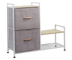 BAKAJI Cómoda Cajonera de Tela móvil 2 cajones y Zapatero 2 estantes Gris y Blanco, Tablero de Fibra de Densidad Media, M