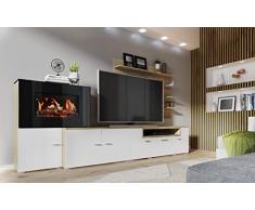 Skraut Home | Mueble para Salón con Chimenea Eléctrica | 170 x 290 x 45 cm | Sistema de Iluminación LED Efecto Llamas | Modelo New Olympo | Estilo Moderno | Acabado Blanco/Roble