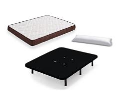 HOGAR24 ES Cama Completa - Colchón Viscobrown Reversible + Base Tapizada 3D Color Negro + 6 Patas de 26cm + Almohada de Fibra, 135x190 cm