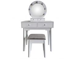DRW Mesa Tocador con 4 Cajones de Madera con Luces Led y Taburete en Blanco 75x40x130cm, Taburete 36x28x45cm