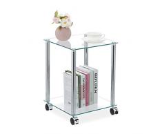 Relaxdays Beistelltisch Mesa Auxiliar con Ruedas (2 estantes, Cuadrada, Cristal y Acero), Color Transparente y Plateado, Plata, 1 Unidad