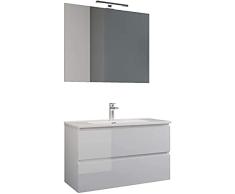 Mama Store Atena 60 Mueble Colgante con Lavabo, Espejo y lámpara LED, Madera de ingeniería, Lacado Blanco Brillante, Sencillo, L. 62 X P. 47 X H. 53 CM