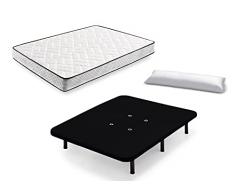 HOGAR24 ES Cama Completa - Colchón Flexitex + Base Tapizada 3D Color Negro + 6 Patas de 26cm + Almohada de Fibra, 135x190 cm