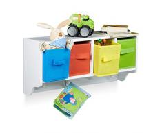 Relaxdays, 28 x 61 x 16 cm, Blanco Estantería Infantil Albus, Organizador de Pared, 4 Perchas, 4 cestas Plegables, tableros conglomerado DM, poliéster