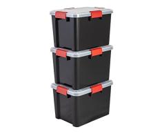 Iris Ohyama, Caja de almacenajeen, Caja de almacenaje Multifunción, lote de 3 Cajas de plástico 70 L, Tapa, Asa ergonómica, Ático, Habitación - DDAT-SD - Negro & Rojo