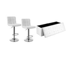 SONGMICS 2 X Taburetes De Bar, con Respaldo, Regulable En Altura Y Giratorio Cromado De Cuero Sintético Blanco Ljb64W + Baúl Puff - Taburete para Almacenaje, Plegable Carga Máxima De 300 Kg, Blanco