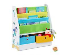 Relaxdays Estantería Infantil, Diseño Marino, 2 Cajas y 3 Bolsas Tela, Mueble Juguetes, Librería, 74x71x23cm, Multicolor