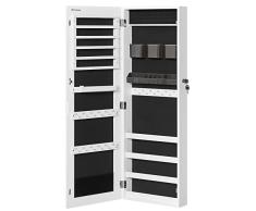 SONGMICS Armario Joyero, Espejo Joyero Montado en la Pared o en la Puerta, Espejo Colgante con Cerradura, 2 Organizadores de Maquillaje de Plástico Extraíbles, Idea de Regalo, Blanco JJC001W01