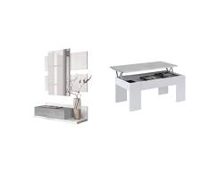 Habitdesign Recibidor con cajón y Espejo, Blanco Artik y Gris Cemento, 75 x 116 x 29 cm + 0L1640A Mesa de Centro elevable, mesita de Comedor, Blanco Artik y Gris Cemento, 100 x 50 x 45-56 cm