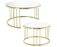 DRW Set de 2 mesas de Centro Redondas de Metal y Espejo en Dorado 90x50cm y 72x45cm