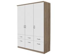 Rauch Möbel Armario ropero de Puertas giratorias, 2 estantes, 2 Barras, 6 cajones, 3 Puertas, Roble Sanremo Claro/Blanco Alpino, 58 x 136 x 199 cm
