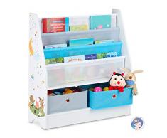 Relaxdays Estantería Infantil Animales, con 2 Cajas y 3 Bolsas Tela, Mueble Juguetes, Librería, 74x71x23 cm, Multicolor, Madera