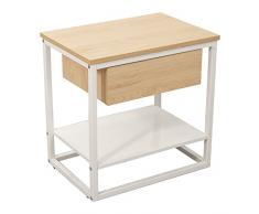 DRW Mesa Auxiliar con 1 Cajon de Metal y Madera DM en Natural y Blanco 50x35x50cm