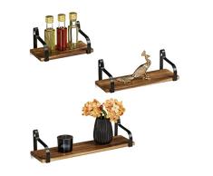 Relaxdays Estantería de Pared, 3 estantes flotantes, Decoración, Madera & Metal, Ancho de 23, 33 & 43 cm, 1 Set, Marrón