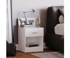 Home Discount, Mesilla de Noche de 1 cajón corredizo con Tiradores de Metal, con Soporte de cajón único antiarqueamiento, Muebles de Dormitorio Riano, en Color Blanco
