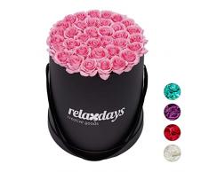 Relaxdays 10025597_113 Rosas Artificiales en Caja Negra Redonda, 34 Unidades, Ramo Decorativo, Flower Box, Cartón-Tela-PP, Rosa, 33 x 32 x 32 cm
