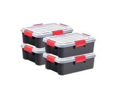 Iris Ohyama, Caja de almacenajeen, Caja de almacenaje Multifunción, lote de 4 Cajas de plástico 10 L, Tapa, Asa ergonómica, Ático, Habitación - DDAT-S - Negro & Rojo