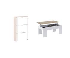 Habitdesign Zapatero 3 Puertas, Zapatero Estrecho, Acabado en Color Blanco Brillo y Roble Canadian + Mesa de Centro Elevable, Mesita de Salón o Comedor, Modelo LC