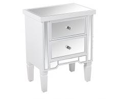 DRW Mesa de Noche con 2 cajones de Madera y Espejo en Blanco y Espejo 49x33x62cm