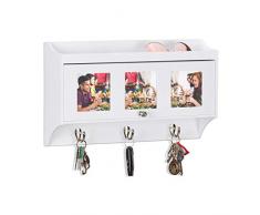Relaxdays Perchero Pared, Marco Fotos, 3 Ganchos, Recibidor, Infantil, Madera, Metal y Cristal, 25 x 43 x 9 cm, Blanco