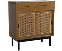 DRW Mesa de Entrada con 2 Puertas correderas y 2 cajones de Madera DM, Mimbre y Metal en Natural y Negro 80x40x89cm