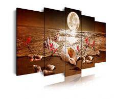 DekoArte - Cuadros Modernos Impresión de Imagen ArtÃstica Digitalizada| Lienzo Decorativo Para Tu Salón o Dormitorio| Estilo Piasaje noche Luna Iluminando Playa Flores Rojas| 5 Piezas 200 x 100 cm XXL