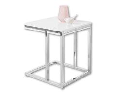 Stella Trading Mini Reno Auxiliar pequeña Moderna, Color Blanco Brillante con Estructura de Metal Cromado, Elegante Mesa de café para tu salón, 45 x 50 x 45 cm