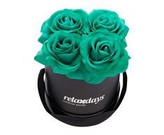 Relaxdays Rosas Artificiales en Caja Negra Redonda, 4 Unidades, Ramo Decorativo, Flower Box, Cartón-Tela-PP, Turquesa