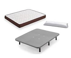 HOGAR24 ES Cama Completa - Colchón Viscobrown Reversible + Base Tapizada 3D con 5 Barras Transversales Color Gris + 7 Patas de 32cm + Almohada de Fibra, 150x190 cm