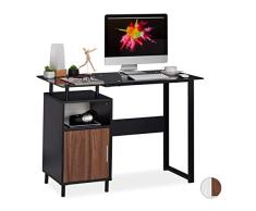 Relaxdays Escritorio con Tablero de Cristal Brillante, Dos Compartimentos, Home Office, 76,5x110x55 cm, Negro, Aglomerado, Metal, Vidrio, 5 x 110 x 55 cm