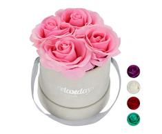 Relaxdays Rosas Artificiales en Caja Gris Redonda, 4 Unidades, Ramo Decorativo, Flower Box, Cartón-Tela-PP, Rosa