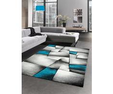 CARPETIA Moderna Alfombra Pelo Corto Alfombra Sala de Estar Abstracta Karo Negro Gris Blanco Turquesa Größe 80 x 300 cm