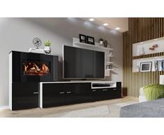 Skraut Home | Mueble para Salón con Chimenea Eléctrica | 170 x 290 x 45 cm | Sistema de Iluminación LED Efecto Llamas | Modelo New Olympo | Estilo Moderno | Acabado Blanco/Negro