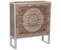 DRW Comoda con 3 cajones de Madera, DM y Metal Decorados en Natural y Blanco 80x28x90cm