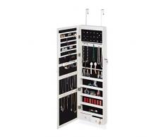 Relaxdays Joyero Puerta Armario XXL, Espejo y LED, Colgante, Llave, DM-Cristal-Terciopelo, 1 Ud, 120x37x11,5 cm, Blanco, tableros conglomerado, Vidrio