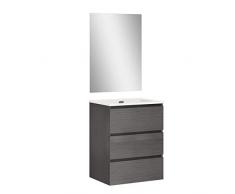 Baikal | Conjunto Completo de Mueble de Baño Suspendido a la Pared con Lavabo Cerámico y Espejo | Tres Cajones, Cierre Amortiguado, Melamina 16mm | Mueble MONTADO | Ceniza | 70cm