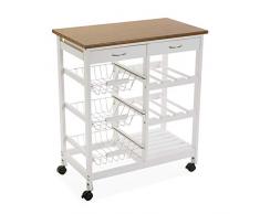 Versa 21810004 Carro verdulero de Cocina en Color Blanco con Ruedas, 3 estantes, botellero y Dos cajones, encimera de Madera, 76 x 37 x 66 cm