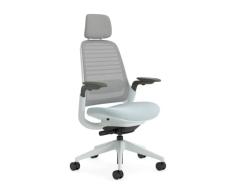 Steelcase Series 1 Silla de Oficina Ergonómica de Altura Ajustable, Soporte Lumbar y brazos Ajustables, Respaldo de Malla gris Transpirable y cómodo asiento en tejido azul claro + reposacabeza