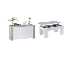 Habitdesign - Aparador Comedor Moderno, Buffet Salón, Ambit, 144x80x42 cm + 0L1640A Mesa de Centro elevable, mesita de Comedor, Madera contrachapada, Blanco Artik Y Gris Cemento, 100 x 50 x 45-56 cm