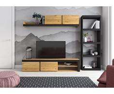 Skraut Home | Conjunto de Salón Modular IDEM y estantería Totem | Muebles de Salón | Mueble TV Color Roble/Negro | Estantería Color Negro | 200x40x180cm / 60x25x181cm