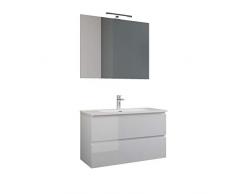 Mama Store Atena 100 Mueble Colgante con Lavabo, Espejo y lámpara LED, Madera de ingeniería, Lacado Blanco Brillante, Sencillo, L. 101 X P. 47 X H. 53 CM
