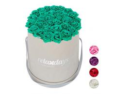 Relaxdays Rosas Artificiales en Caja Gris Redonda, 34 Unidades, Ramo Decorativo, Flower Box, Cartón-Tela-PP, Turquesa