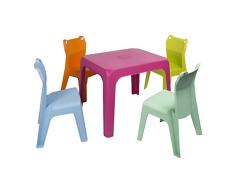 RESOL Set Jan Frog Mesa Infantil con Sillas | 4 Sillas Niños y Mesa de Plástico | Apilables y de Muy Fácil Limpieza y Mantenimiento | Mesa Fucsia + 4 sillas Aqua/Naranja/Lima/Azul