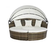 DRW Cama Chill out con toldo Ratan Sintetico Marron y Blanco Desmontable en Sofa y Puff Ideal Jardin Patio Discoteca 175X175X145 cm