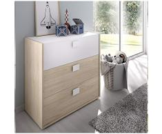 HABITMOBEL Cómoda 3 cajones, Acabado en Color Base Natural y Combinado Blanco Alto 79 cm X Largo 81 cm X Fondo 40 cm